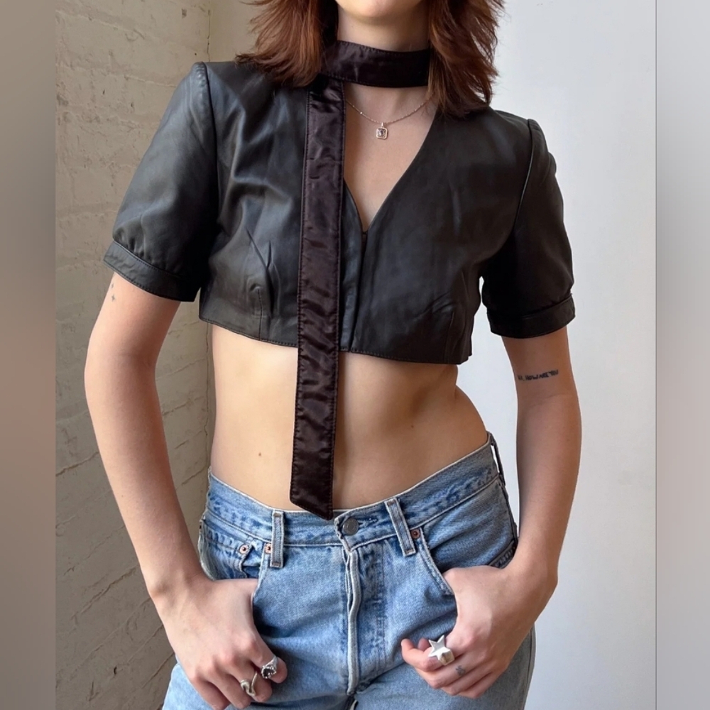 Arden B 100% leather bolero cropped jacket shrug top coat lined sz XS 2 4 y2k